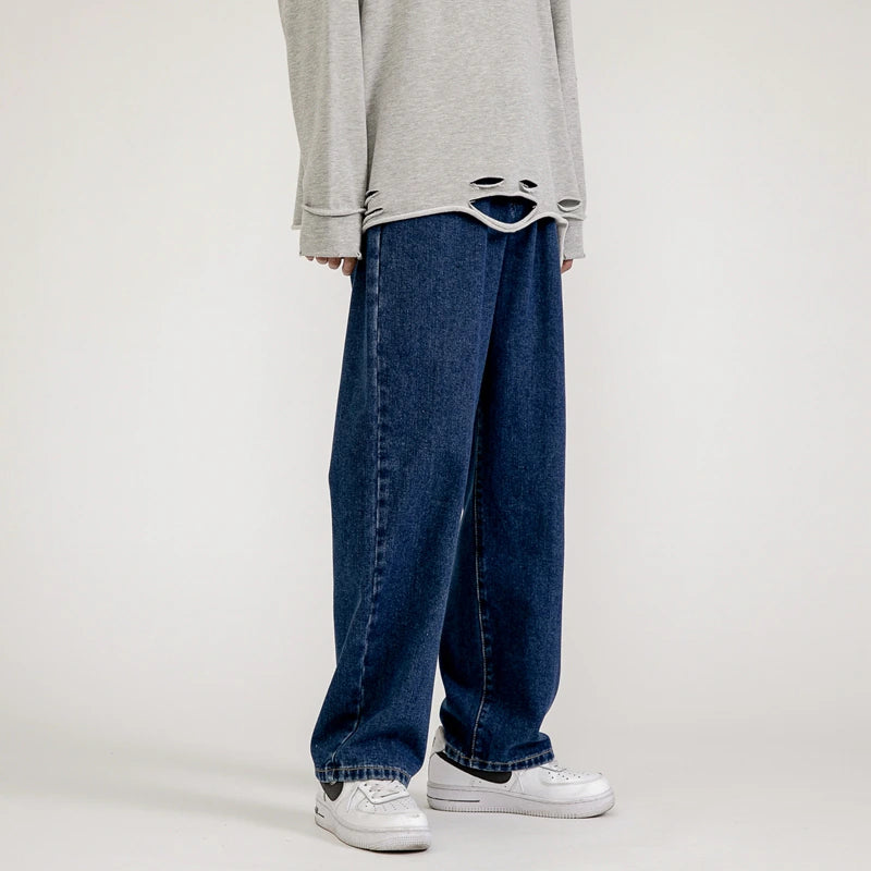 Korean Fashion Men'S Baggy Jeans Classic All-Match Solid Color Straight-Leg Denim Wide-Leg Pants Male Light Blue Grey Black